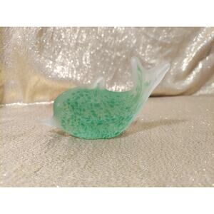 Vintage Speckled Frosted Art Glass Dolphin Paperweight Green Clear 80s Decor